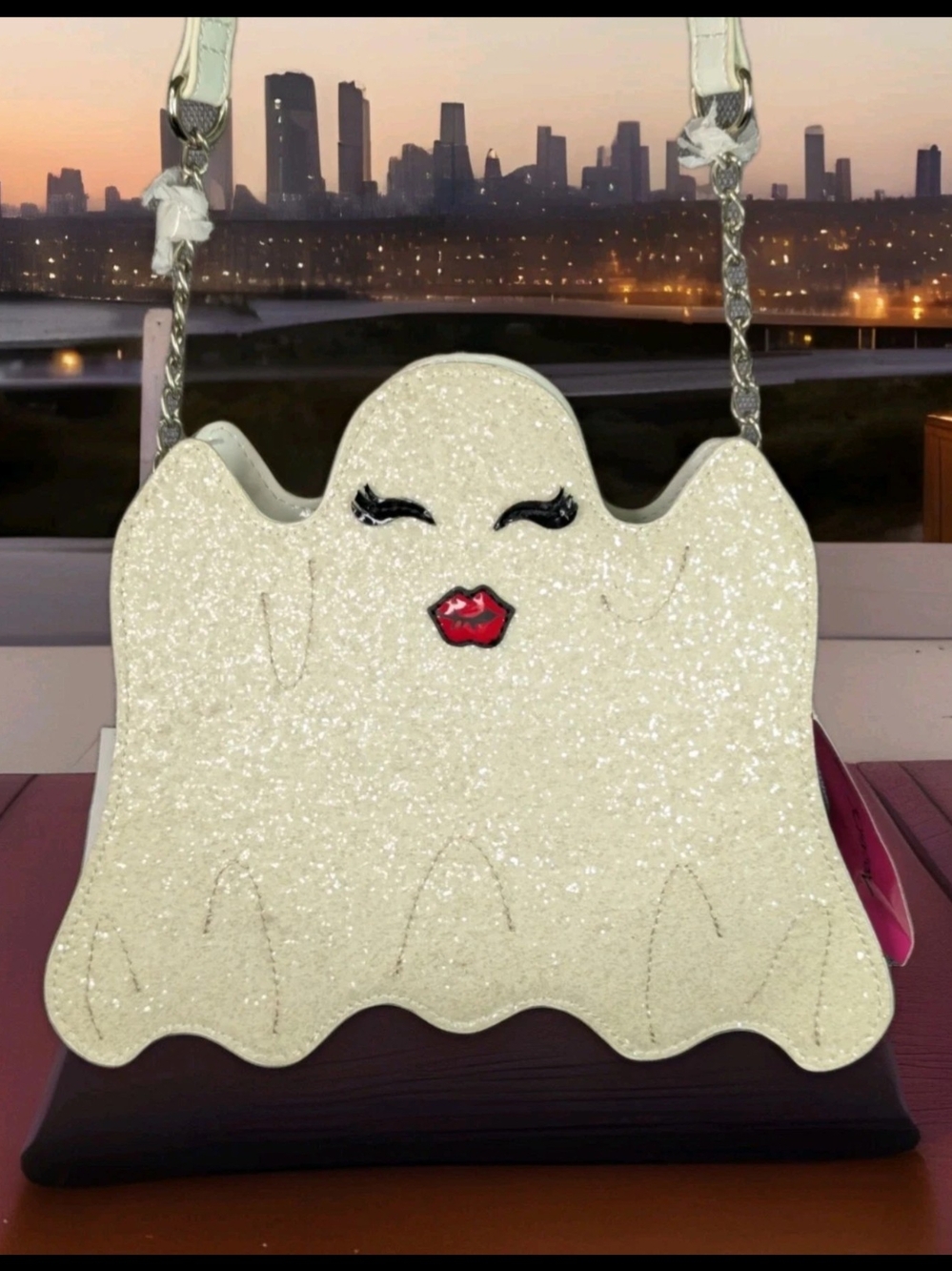 Betsey Johnson Purse Ghost Kitsch Bling Sparkle Crossbody Bag White XOBoo